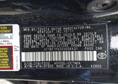 2012 Toyota Camry Le from USA, damaged, VIN 4T1BF1FK2CU006431